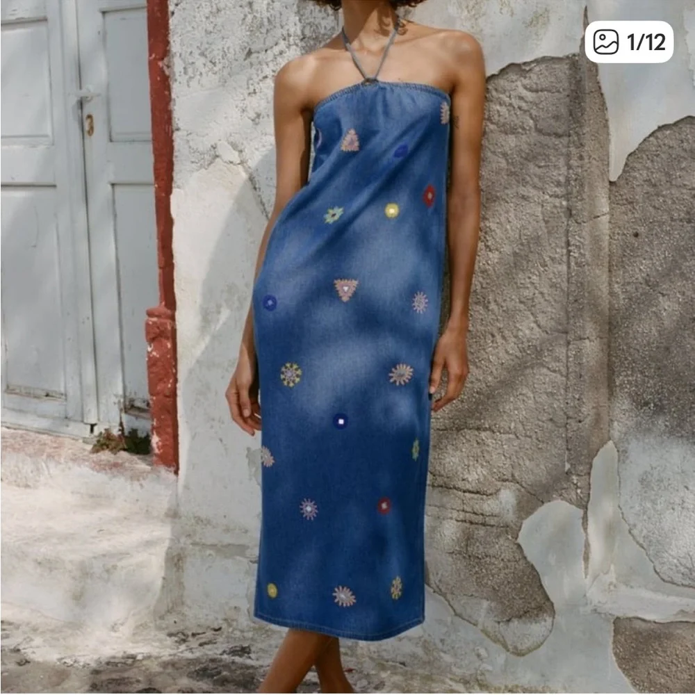 Zara Denim Chambray Embroidered Halter Dress NEW NWT - Picture 2 of 10